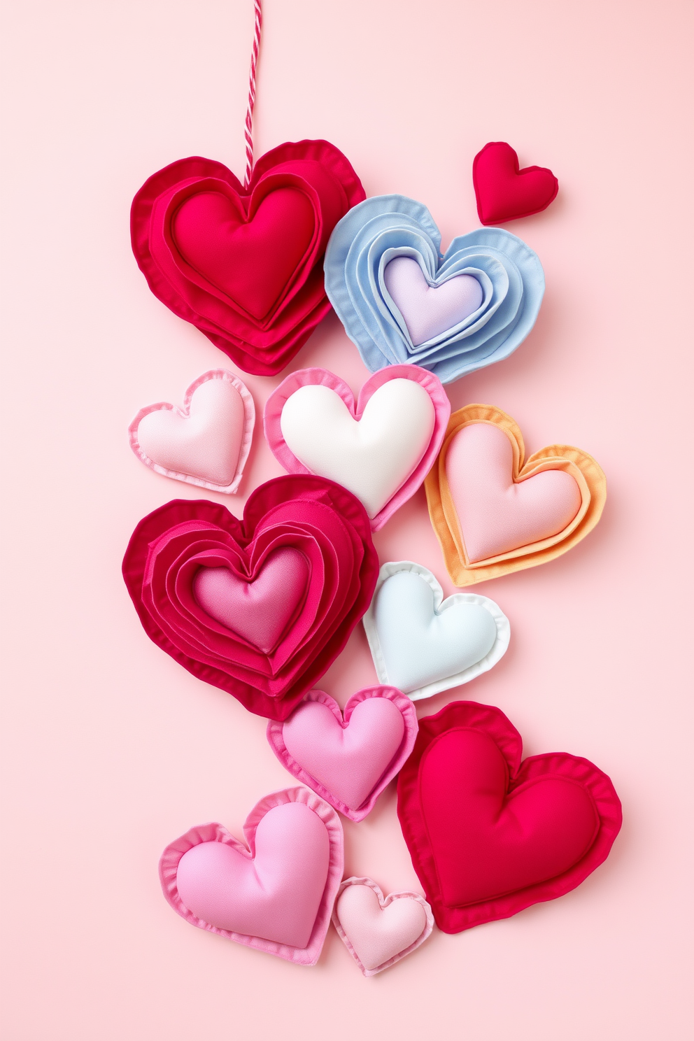 Layered fabric hearts in various sizes create a charming and whimsical display perfect for Valentine's Day. Arrange the hearts in a playful pattern on a soft pastel backdrop to enhance the festive atmosphere.