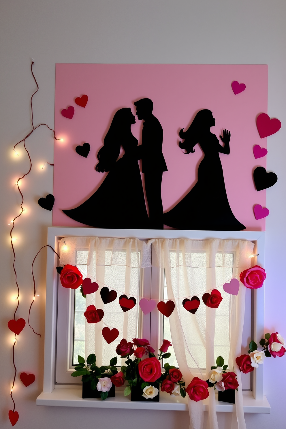 Create a romantic scene featuring silhouette cutouts of couples in love. The silhouettes are elegantly displayed against a soft pastel backdrop, surrounded by heart-shaped decorations and twinkling fairy lights. Incorporate a cozy window setting adorned with festive Valentine's Day decorations. The window is framed with sheer curtains, and colorful garlands of hearts and roses hang gracefully, inviting a warm and loving atmosphere.