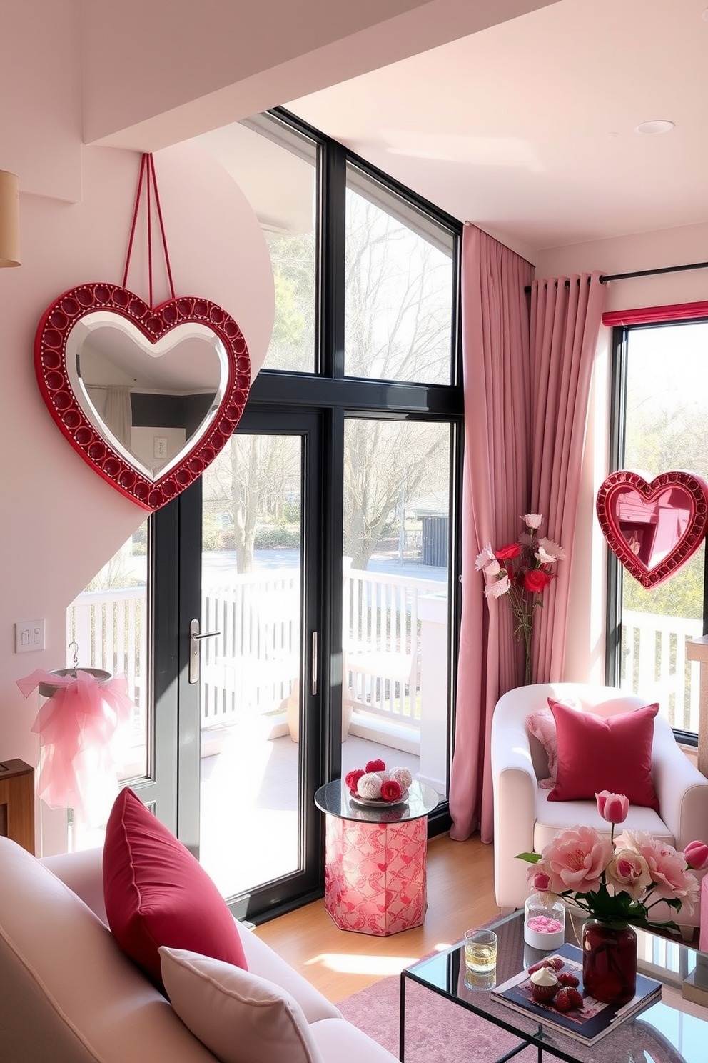 A charming living space adorned with heart-shaped mirror accents that reflect the natural light streaming through a large glass window. The room is tastefully decorated with soft pink and red accents, creating a warm and inviting atmosphere perfect for Valentine's Day celebrations.