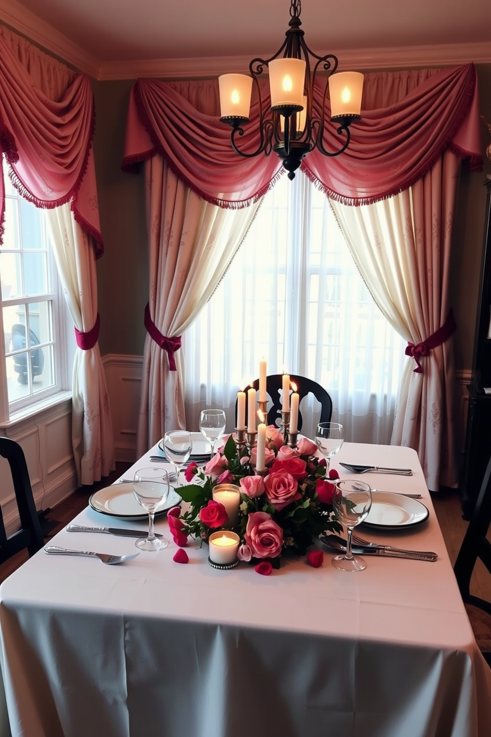 A cozy dining room adorned with seasonal tablecloths elegantly draped over the windows. The table is set for a romantic Valentine's Day dinner, featuring soft candlelight and floral arrangements in shades of pink and red.