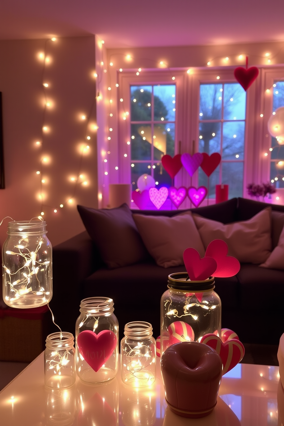 A cozy living room adorned with whimsical fairy lights in glass jars scattered throughout the space. The warm glow of the lights creates a magical atmosphere, enhancing the charm of the room. Colorful decorations for Valentine's Day are tastefully arranged on the window sill. Heart-shaped ornaments and soft pink accents bring a festive touch, inviting love and joy into the home.