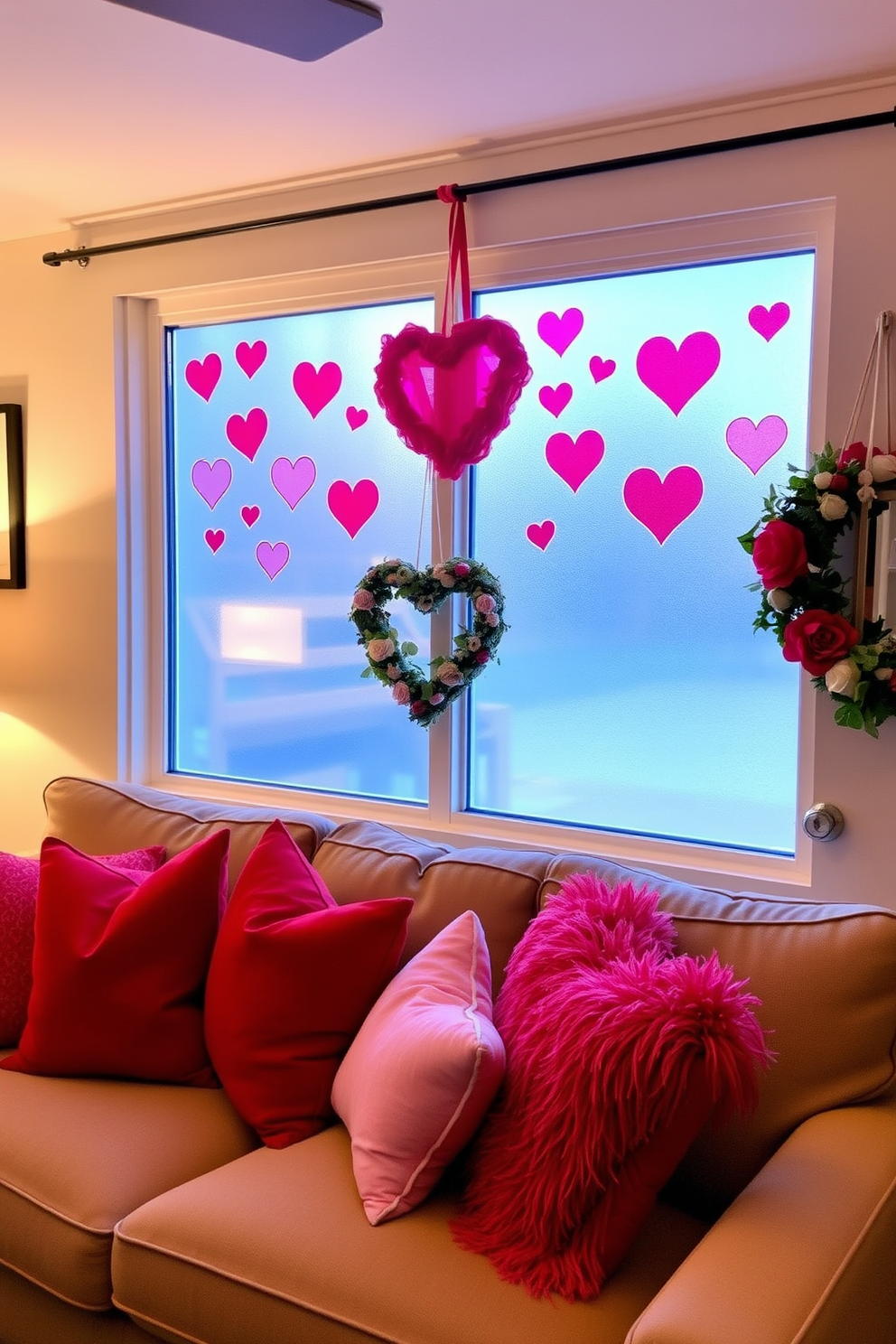 A cozy living room adorned for Valentine's Day. The frosted window clings featuring heart designs create a romantic atmosphere, allowing soft light to filter through while adding a whimsical touch to the decor. The room is decorated with plush red and pink throw pillows on a neutral-colored sofa. A heart-shaped wreath hangs on the door, welcoming guests with a festive charm.