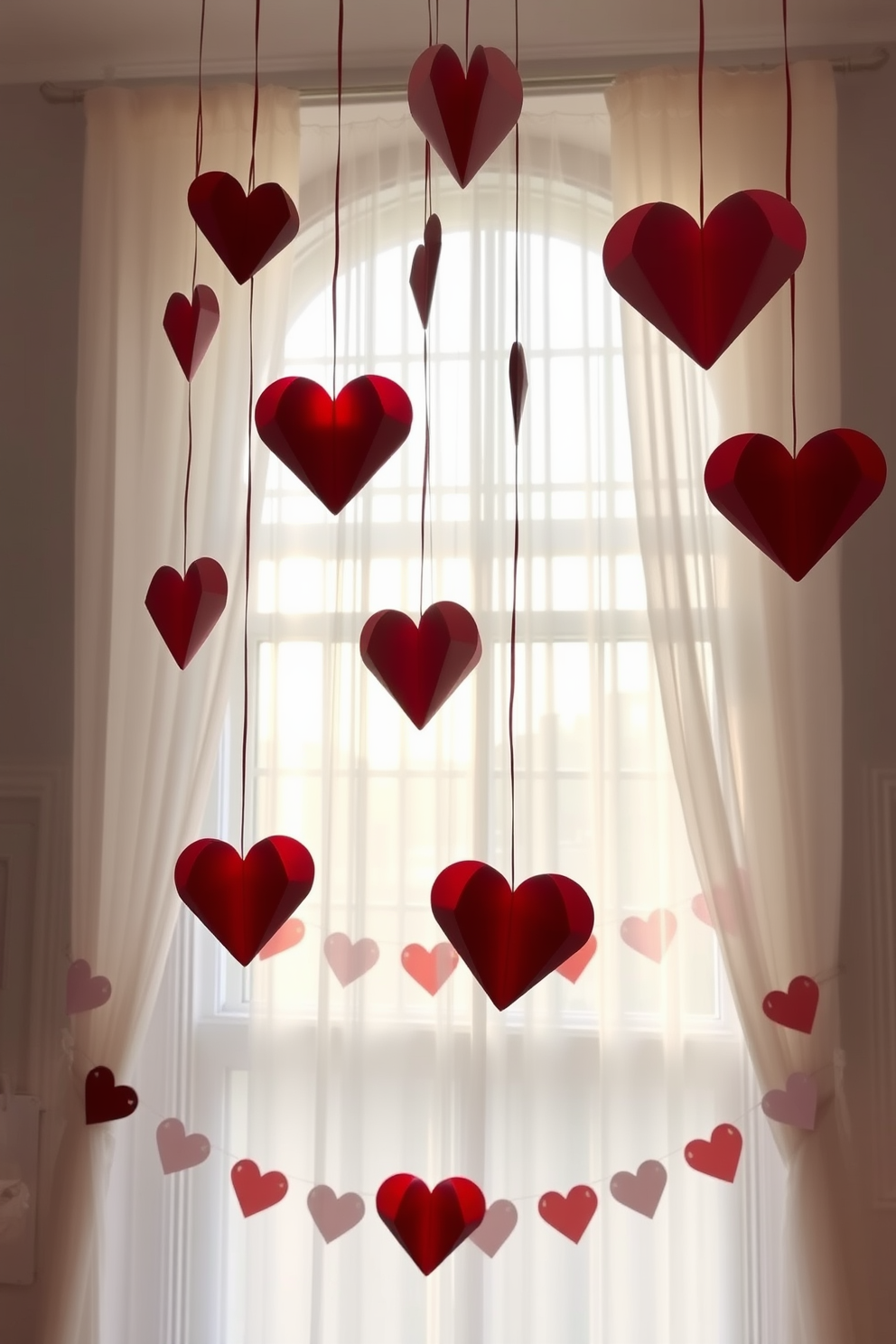 Hanging origami hearts gracefully dangle from the ceiling, creating a whimsical atmosphere filled with love. The soft hues of pink and red in the paper hearts catch the light, adding a romantic touch to the space. A large window is adorned with sheer white curtains, allowing natural light to filter through and illuminate the decorations. Delicate heart-shaped garlands are draped across the window frame, enhancing the festive Valentine's Day theme.