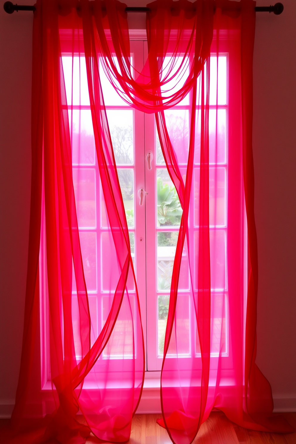 A romantic window setting adorned with flowing red and pink sheer curtains that gently cascade to the floor. The curtains softly filter the light, creating a warm and inviting atmosphere perfect for Valentine's Day celebrations.