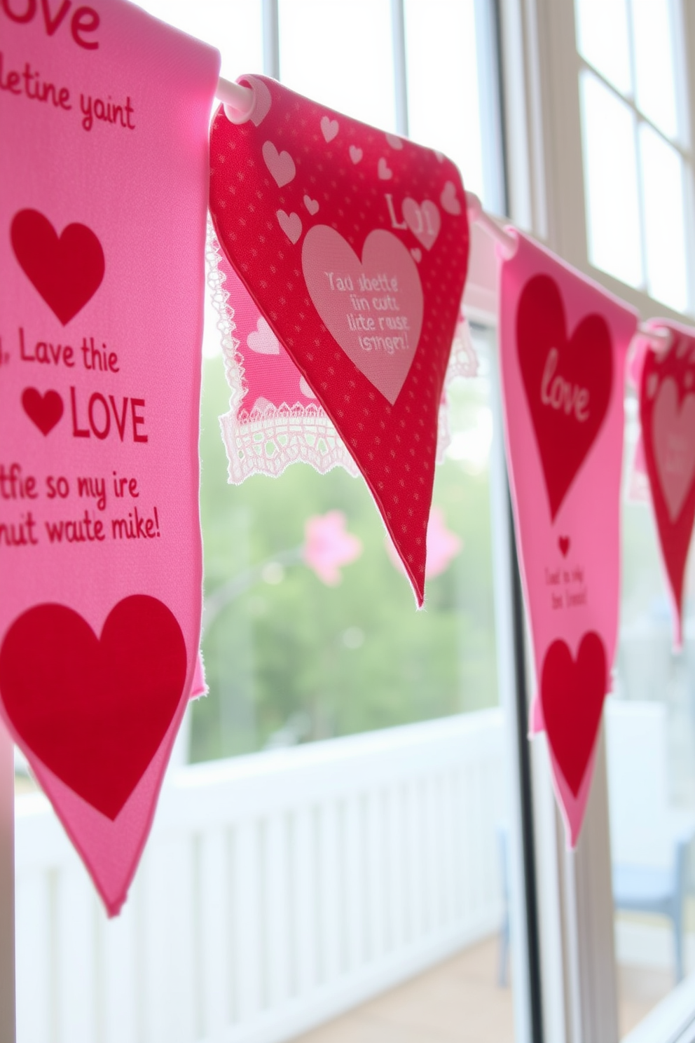 Create a charming DIY fabric bunting decorated with love themes. The bunting should feature various shades of pink and red fabrics, adorned with heart patterns and sweet messages of love. Incorporate a whimsical touch with lace trim along the edges. Hang the bunting across a window, allowing natural light to filter through and enhance the festive atmosphere for Valentine's Day.