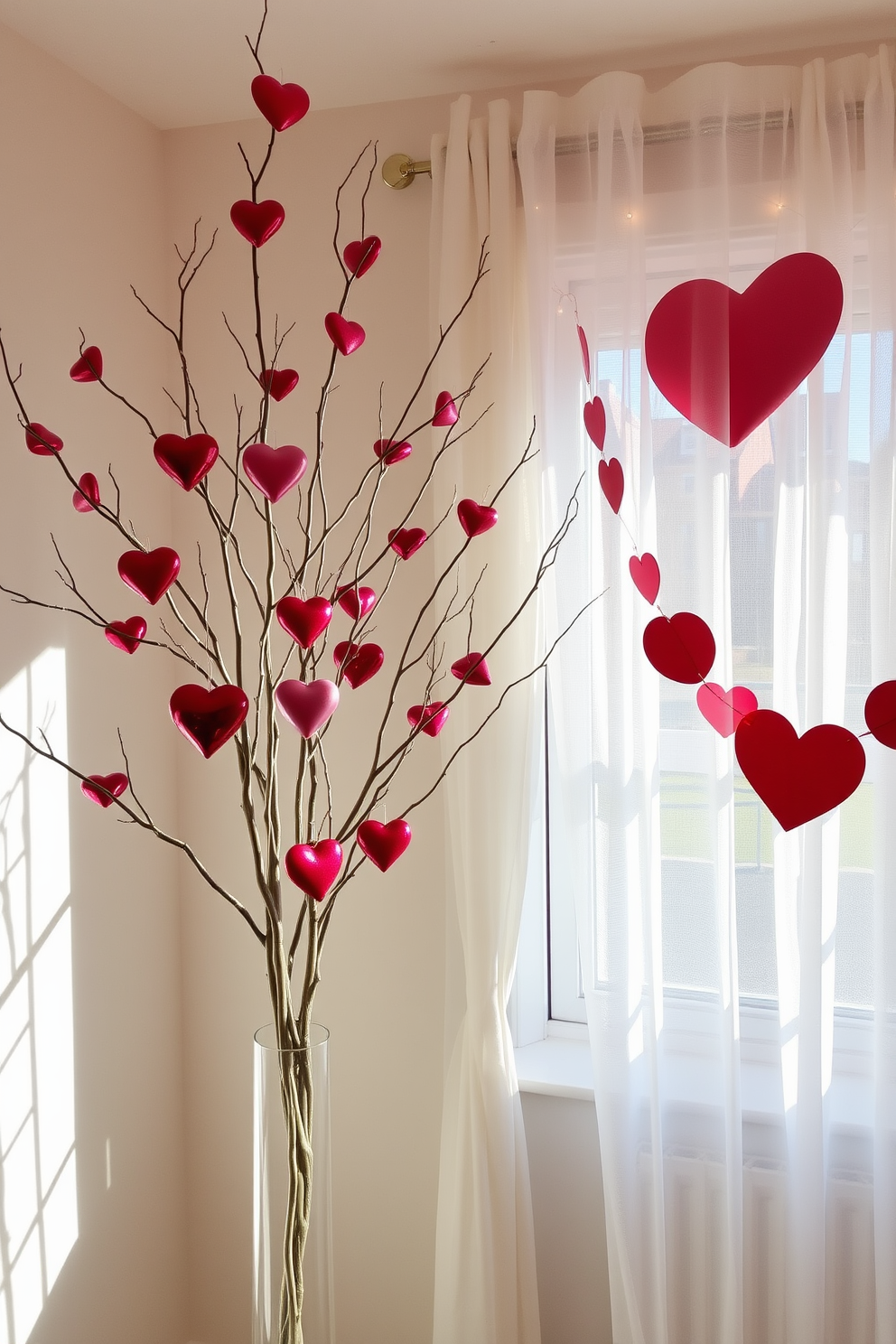 Decorative branches are elegantly arranged in a tall vase, adorned with vibrant heart ornaments in various shades of red and pink. The branches create a whimsical focal point, perfect for enhancing the romantic ambiance of the space. Nearby, a window is beautifully dressed with sheer white curtains, allowing soft natural light to filter through. Heart-themed garlands and delicate fairy lights are draped across the window frame, adding a festive touch to the Valentine's Day decor.