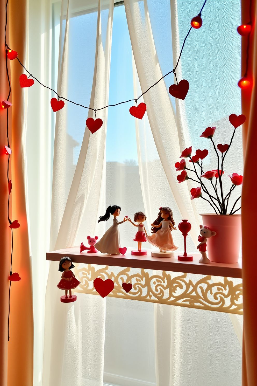 A collection of miniature love-themed figurines is artfully arranged on a decorative shelf. The figurines feature various romantic poses and expressions, adding a whimsical touch to the Valentine's Day decor. The window is adorned with soft sheer curtains that gently filter the sunlight. Heart-shaped garlands and delicate fairy lights create a warm and inviting atmosphere, perfect for celebrating love.