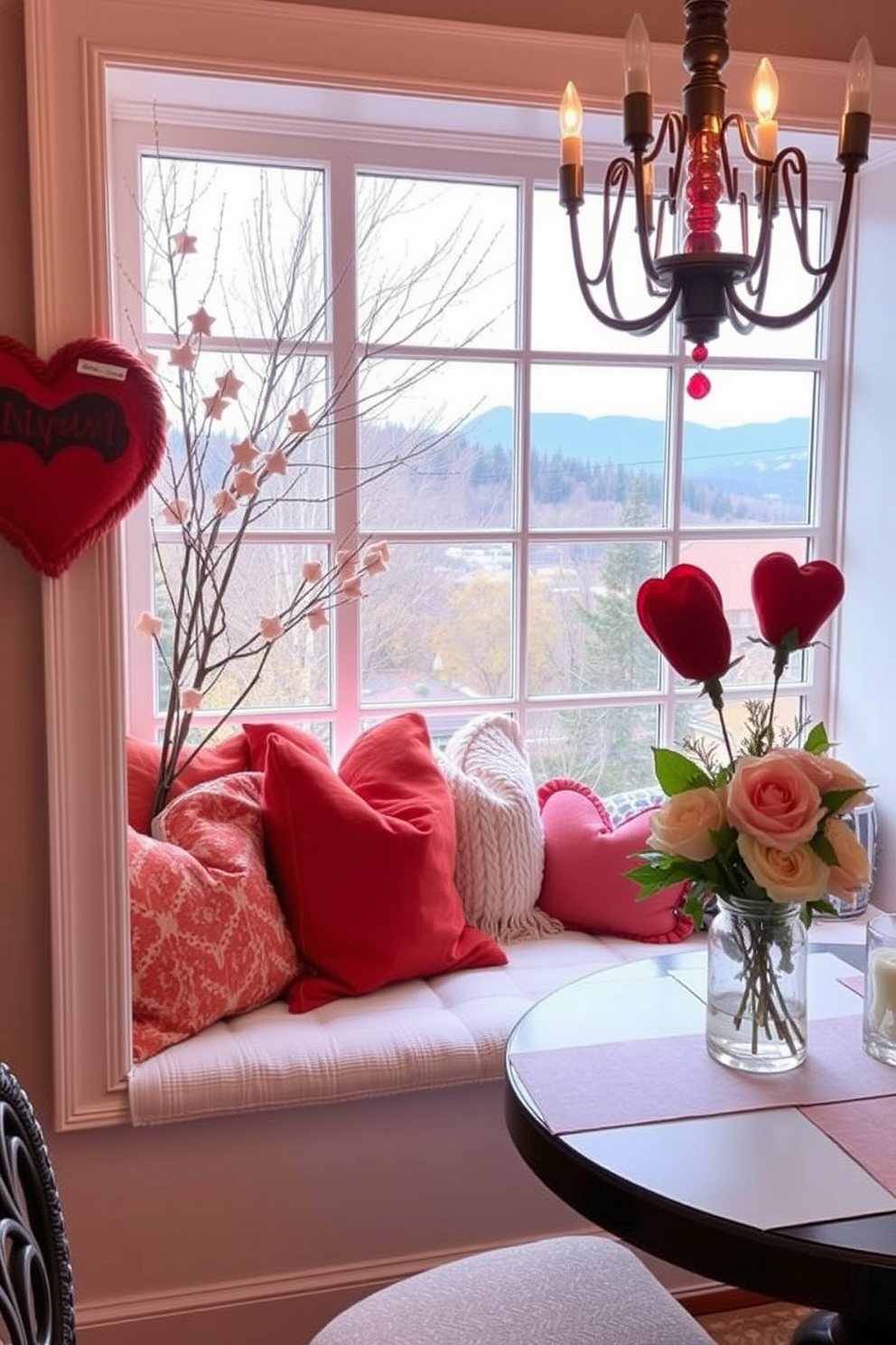 Create a cozy window seat adorned with seasonal pillows in warm tones and soft textures. The window offers a picturesque view, enhancing the inviting atmosphere of the space. Design a romantic Valentine's Day decor theme featuring heart-shaped accents and soft lighting. Incorporate fresh flowers and elegant table settings to create a charming and intimate ambiance.