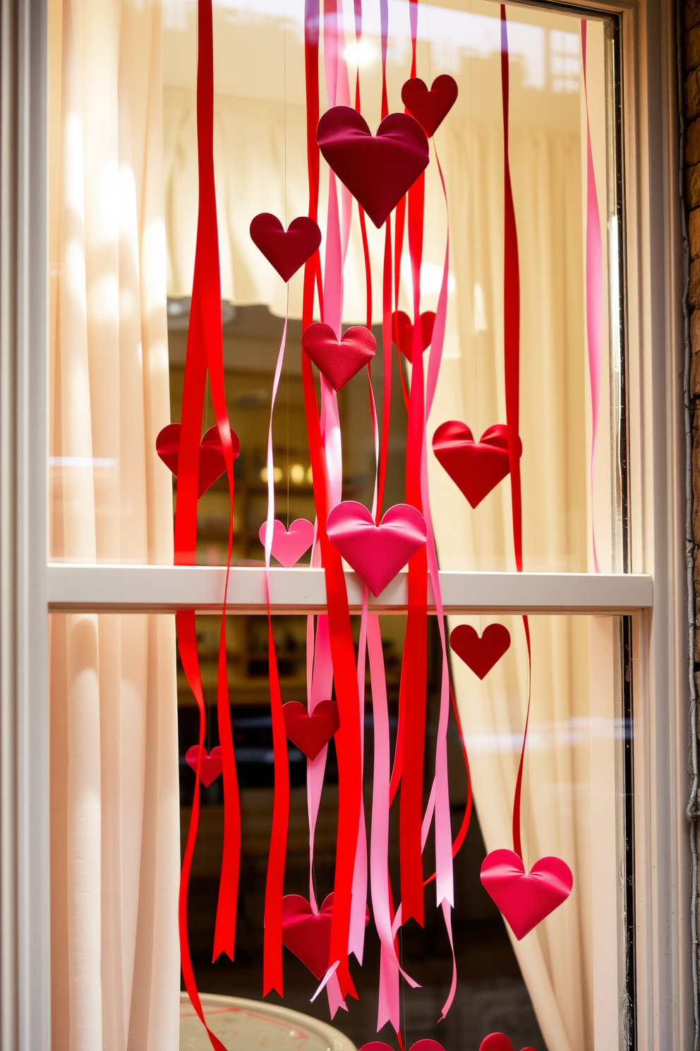 Create a romantic Valentine's Day window display featuring hanging ribbons shaped like hearts. The ribbons should be in various shades of red and pink, cascading elegantly from the top of the window to create a whimsical and festive atmosphere.