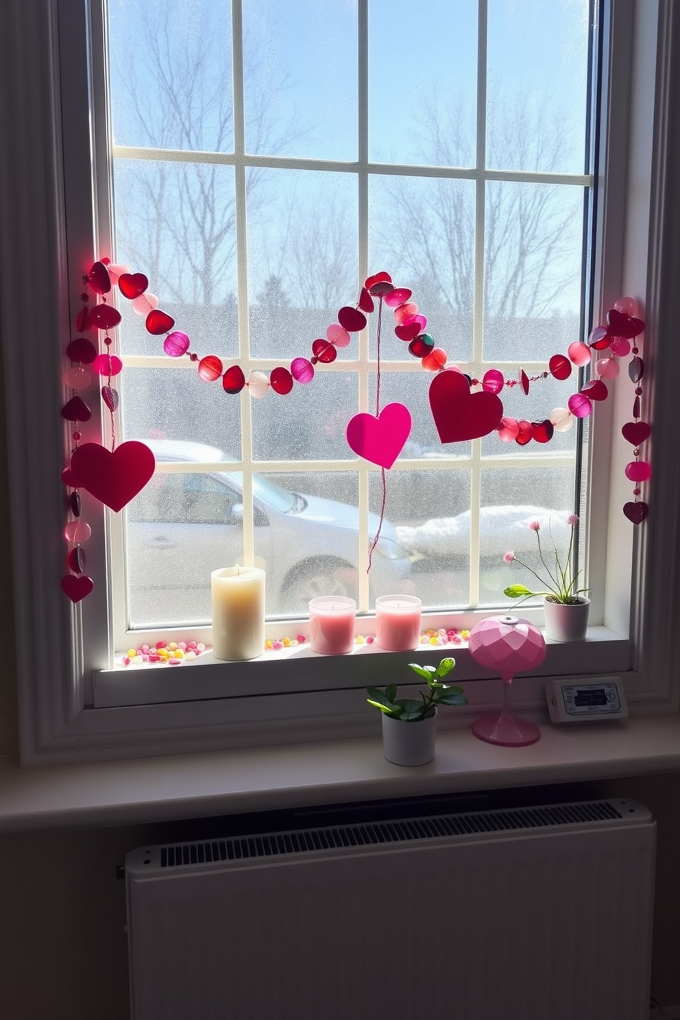 A bright and cheerful window ledge adorned with colorful glass stones creates a vibrant focal point. The stones catch the light beautifully, casting playful reflections across the room. For Valentine's Day, the window is decorated with heart-shaped garlands and soft pink accents. Delicate candles and small potted plants add warmth and charm to the festive display.