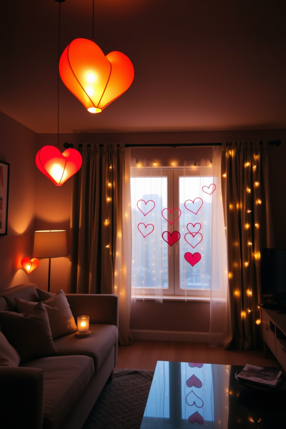 A cozy living room adorned with heart-shaped lanterns casting a warm evening glow. The lanterns are hung from the ceiling and placed on side tables, creating a romantic atmosphere perfect for Valentine's Day. Delicate window decorations featuring heart-shaped garlands and soft fairy lights. The curtains are drawn back to showcase the beautiful display, inviting a sense of warmth and love into the space.