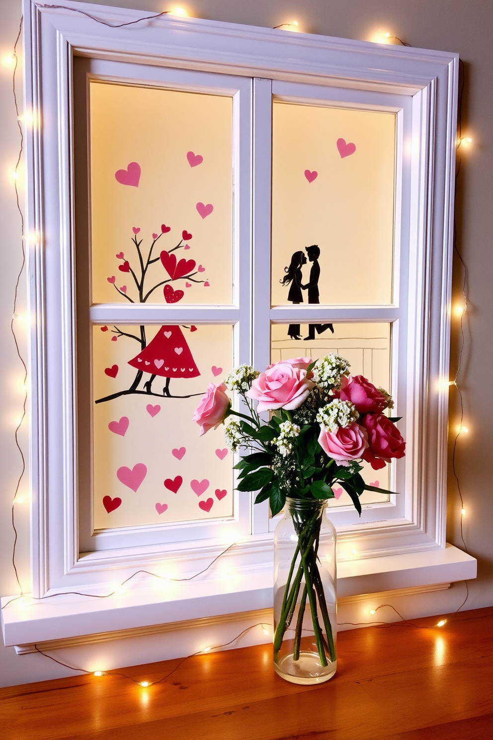 A charming DIY painted window showcases romantic love scenes, perfect for adding a personal touch to your Valentine's Day decor. The window features soft pastel colors and whimsical designs that evoke a sense of warmth and affection. Surrounding the window, delicate fairy lights twinkle softly, enhancing the cozy atmosphere. Fresh flowers in a vase sit on the sill, complementing the heartfelt artwork and creating a lovely focal point for your celebration.