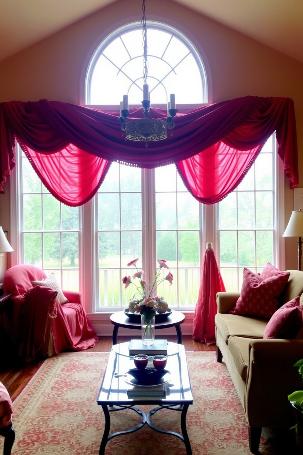 A cozy living space adorned with fabric swags in rich red and soft pink hues. The swags drape elegantly over large windows, creating a romantic atmosphere perfect for Valentine's Day.