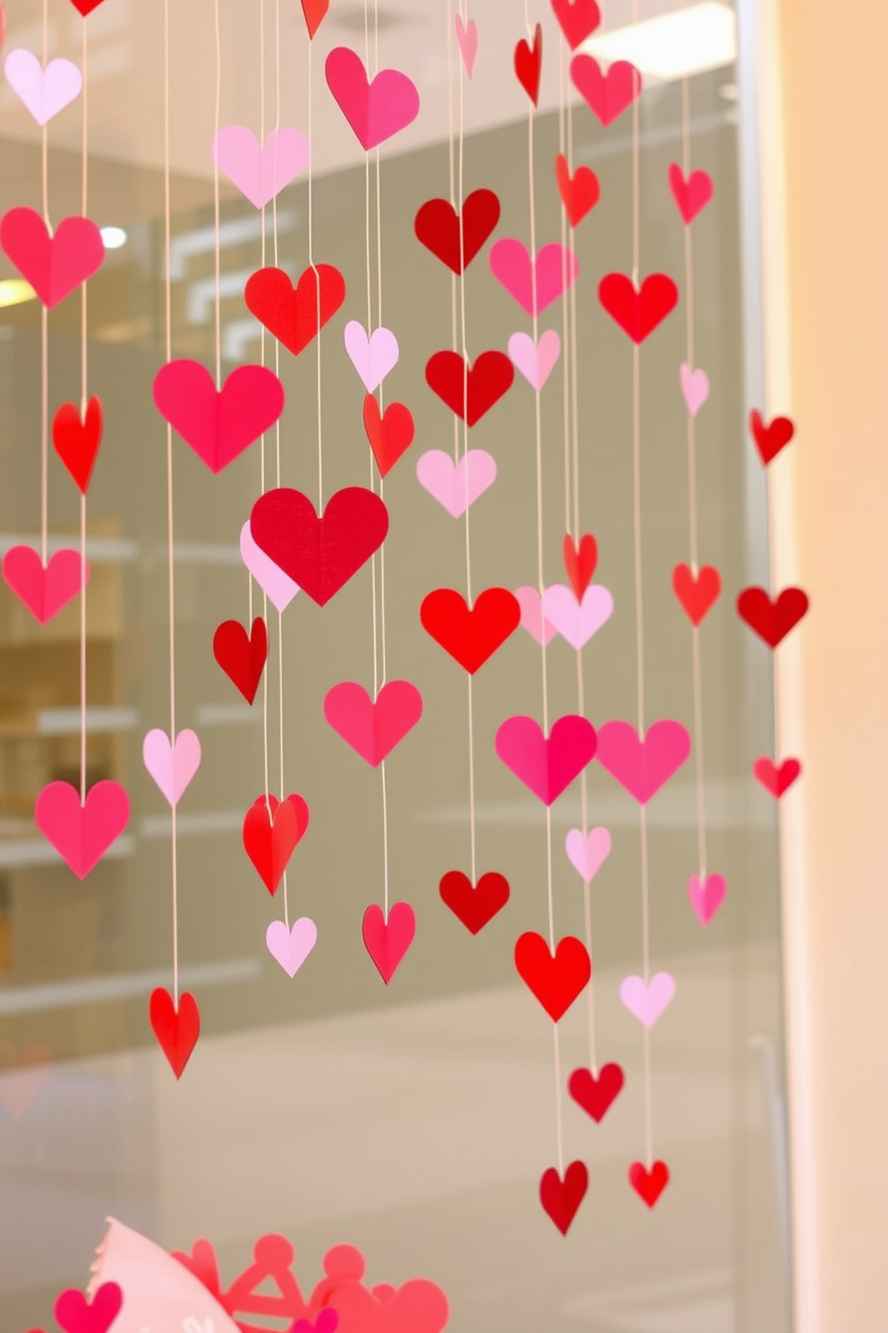 A whimsical Valentine's Day window display features delicate paper hearts suspended from the ceiling with clear fishing line. The hearts in various shades of red and pink gently sway, creating a playful and romantic atmosphere that captures the spirit of the holiday.