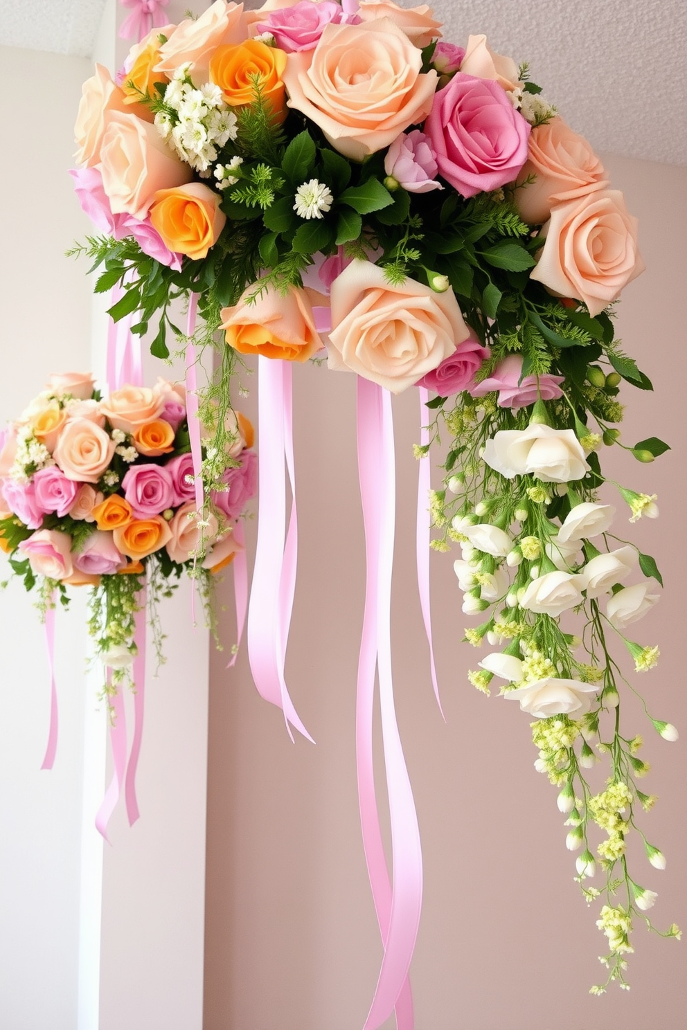 Hanging floral arrangements adorned with delicate ribbons create a romantic and festive atmosphere. These vibrant blooms can be suspended from the ceiling or walls, adding a whimsical touch to your Valentine's Day decor. Incorporate a mix of fresh and artificial flowers for a lasting display. Soft pastel colors and lush greenery will enhance the overall aesthetic, making it perfect for celebrating love.