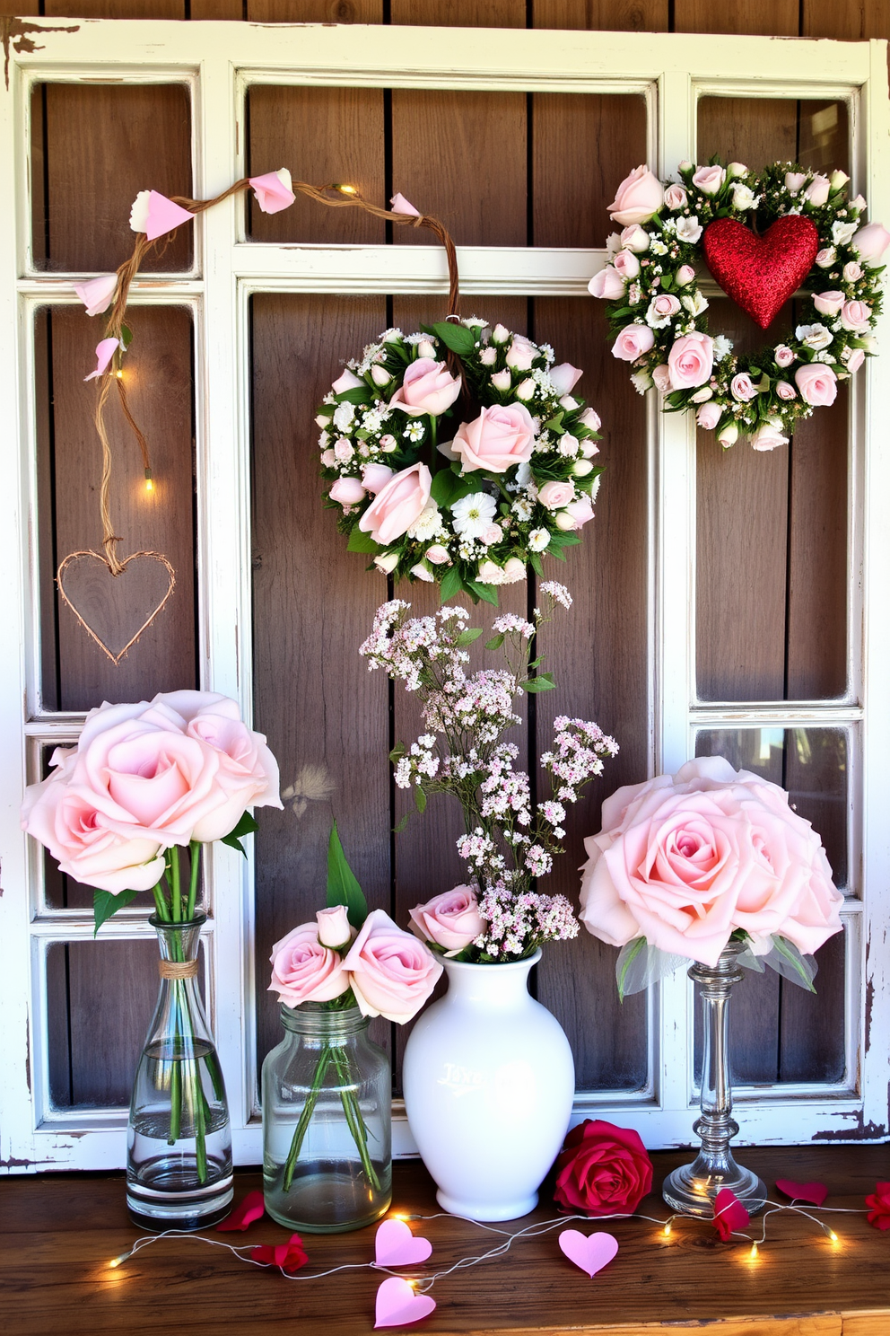 Vintage window frames adorned with lush floral arrangements create a charming focal point in any space. Soft pastel blooms in elegant vases complement the rustic wood, adding a touch of romance and nostalgia. For Valentine's Day, consider decorating with heart-shaped wreaths and delicate string lights. Incorporate red and pink accents to enhance the warmth and love of the season, creating an inviting atmosphere.