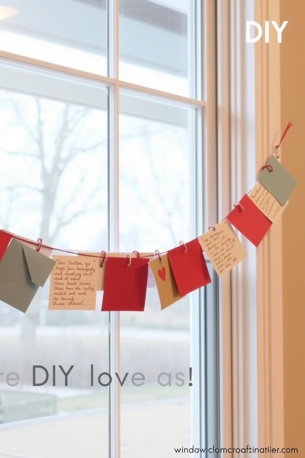 A charming DIY love letter garland drapes gracefully across the window panes. The garland features an assortment of colorful envelopes and handwritten love notes, creating a whimsical and romantic atmosphere for Valentine's Day.