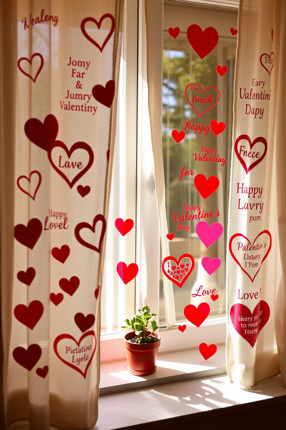 A cozy window display adorned with Valentine's Day themed decals featuring hearts and romantic quotes. The decals are in shades of red and pink, creating a warm and inviting atmosphere for the holiday. Delicate lace curtains frame the window, allowing soft light to filter through. A small potted plant sits on the windowsill, adding a touch of greenery to the festive decor.