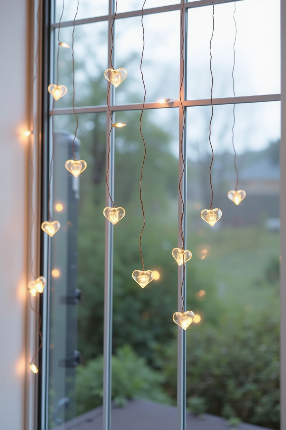 Create a romantic setting for Valentine's Day with string lights shaped like hearts. The lights are delicately draped around a large window, casting a warm glow that enhances the cozy atmosphere.