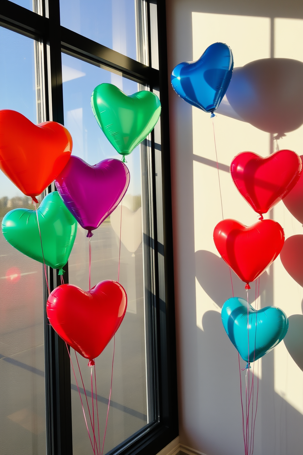 A collection of vibrant heart-shaped balloons floats gently near a large window, casting playful shadows on the wall. The balloons come in various colors, creating a festive and cheerful atmosphere perfect for Valentine's Day celebrations.