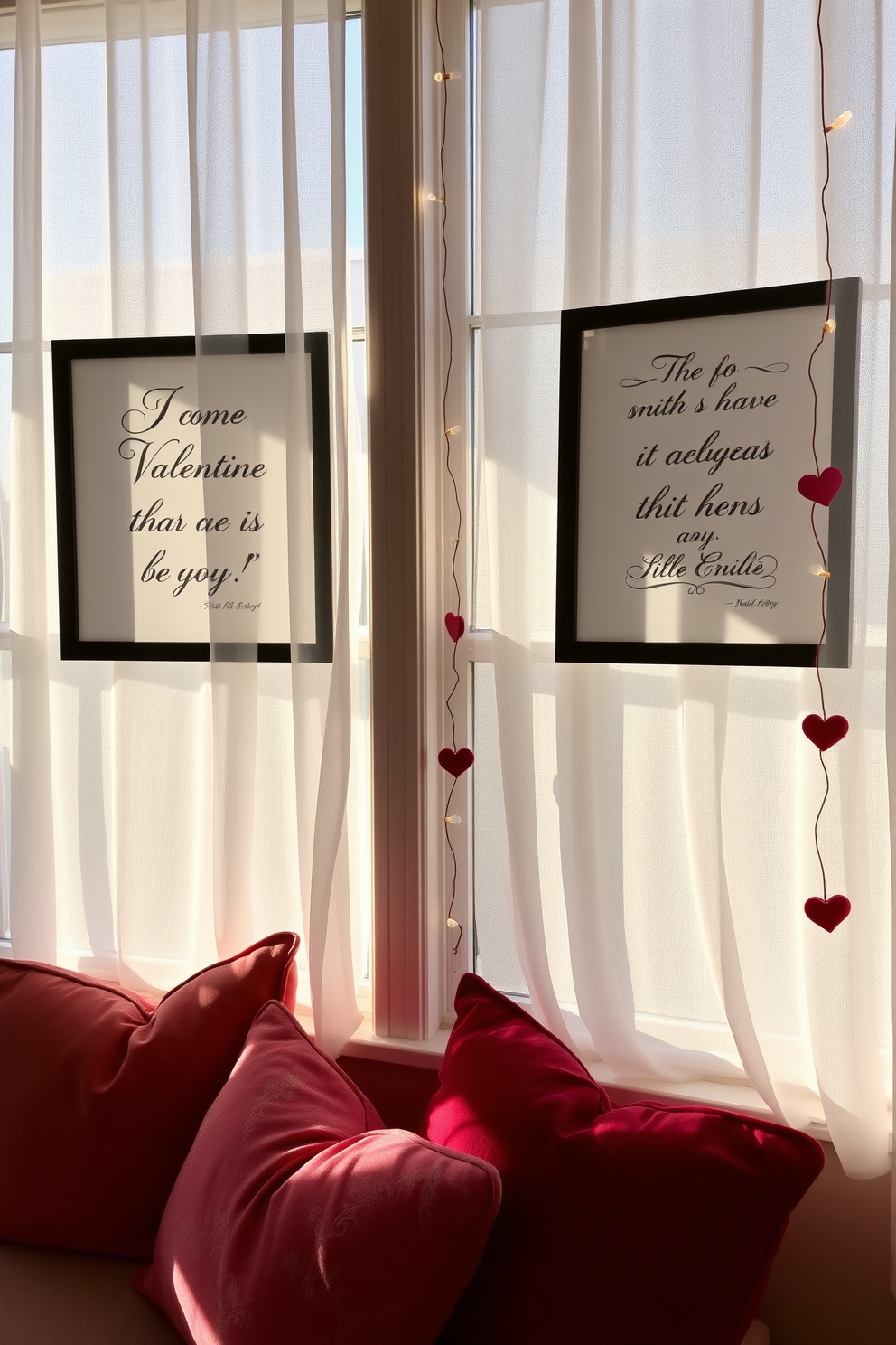 Framed romantic quotes are elegantly displayed on the windows, adding a personal touch to the space. Soft, sheer curtains in a light pastel color gently filter the sunlight, creating a warm and inviting atmosphere. For Valentine's Day, the windows are adorned with heart-shaped garlands and delicate fairy lights. A cozy seating area nearby features plush cushions in shades of pink and red, perfect for enjoying the view.