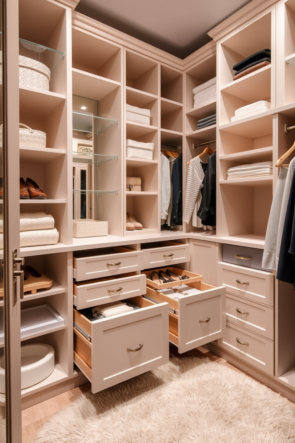 A luxurious women's walk-in closet featuring pull-out drawers for hidden storage. The space is elegantly organized with custom shelving, soft lighting, and a plush area rug underfoot.