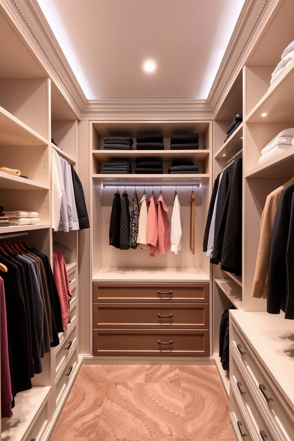 A luxurious women's walk-in closet featuring multi-level hanging rods for versatility. The space is designed with elegant shelving and built-in drawers, maximizing storage while maintaining a chic aesthetic.