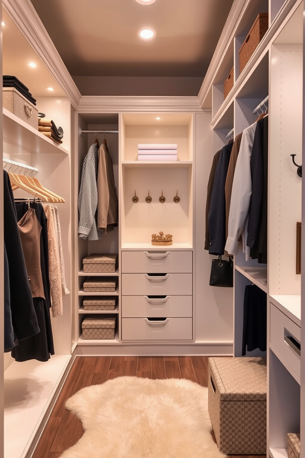 A stylish women's walk-in closet features a combination of built-in shelving and hanging rods for optimal organization. Hooks are strategically placed on the walls for bags and accessories, ensuring convenience and easy access. The space is illuminated by soft, ambient lighting, creating a warm and inviting atmosphere. Neutral tones dominate the design, complemented by elegant accents such as a plush area rug and decorative storage boxes.