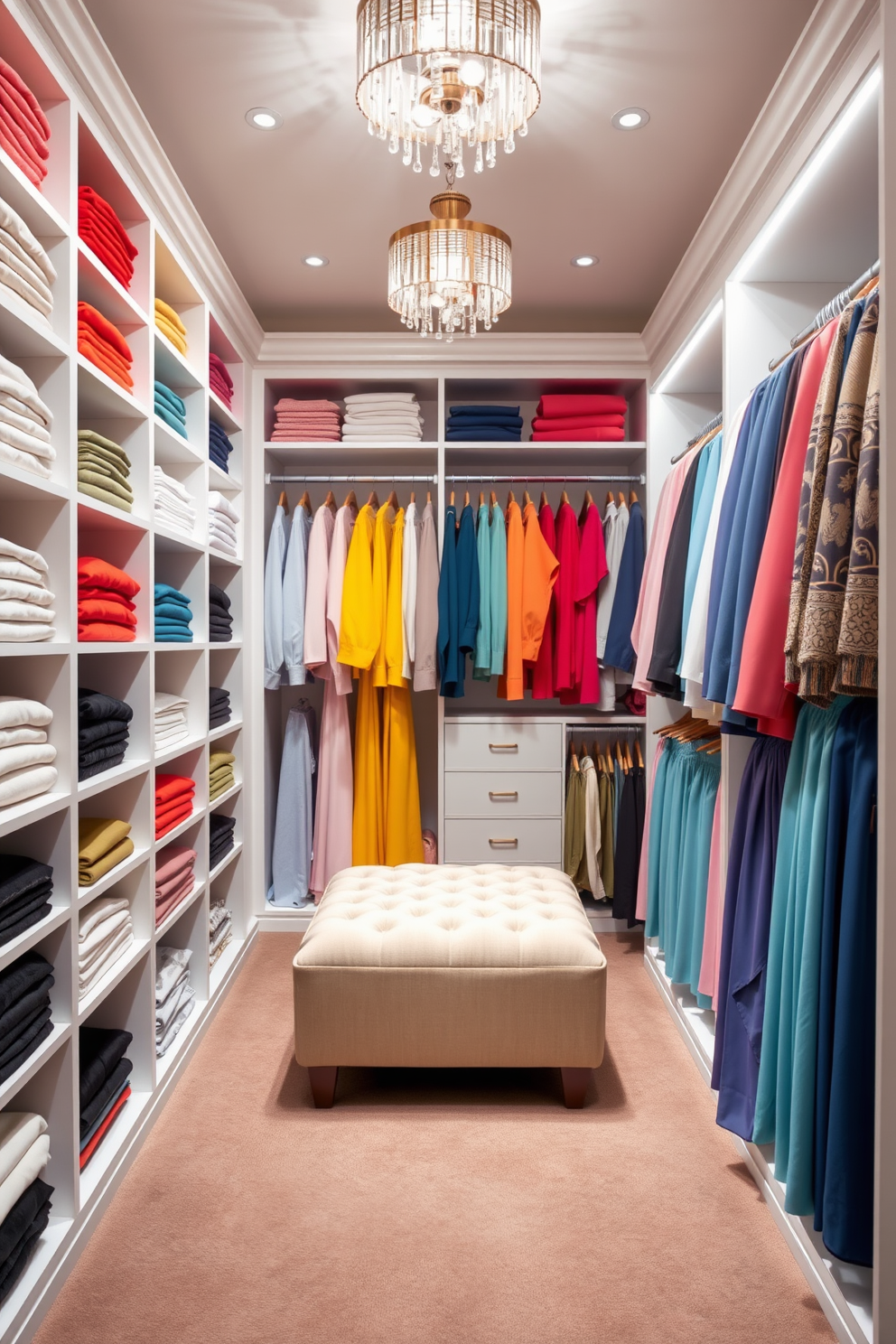 A luxurious women's walk-in closet featuring color-coordinated clothing arranged by hue for visual appeal. Shelves are lined with neatly folded sweaters and blouses, while hanging space showcases a variety of dresses and jackets in a harmonious palette. The closet includes a plush ottoman in the center for comfort and convenience. Elegant lighting fixtures illuminate the space, enhancing the overall aesthetic and making it easy to find the perfect outfit.