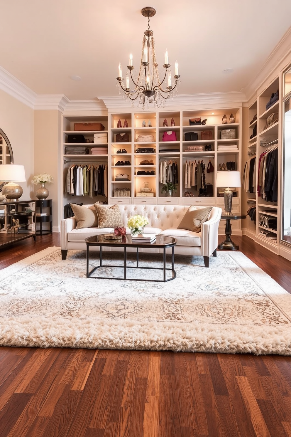 Luxe rugs for comfort underfoot. Imagine a plush area rug in a soft cream color, layered over a hardwood floor, creating a cozy atmosphere in a spacious living room. The rug features intricate patterns in muted tones, complementing the elegant furniture and adding warmth to the space. Women's Walk-In-Closet Design Ideas. Envision a beautifully organized walk-in closet with custom shelving and hanging space, accented by soft lighting and a chic chandelier. The design includes a plush seating area, full-length mirrors, and a color-coordinated arrangement of shoes and accessories for a luxurious feel.