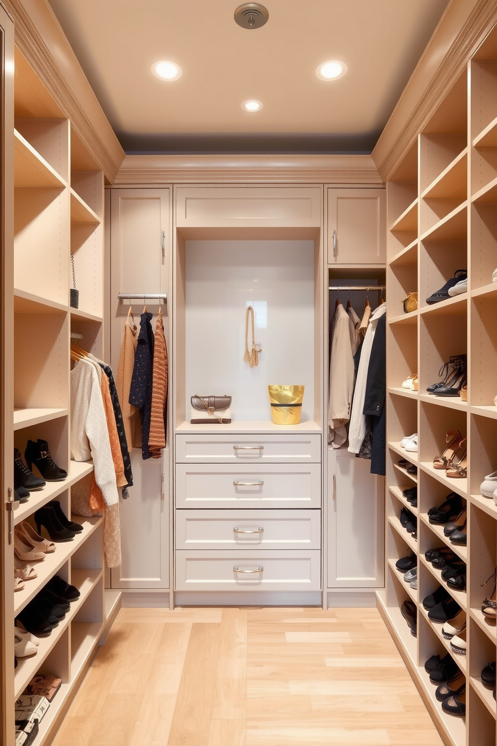 A women's walk-in closet designed with a neutral color palette creates a timeless elegance. The space features built-in shelving and hanging rods in soft beige tones complemented by warm wood accents. The flooring is a light hardwood, enhancing the airy feel of the room. Elegant lighting fixtures illuminate the space, highlighting the carefully organized accessories and shoes displayed on open shelves.