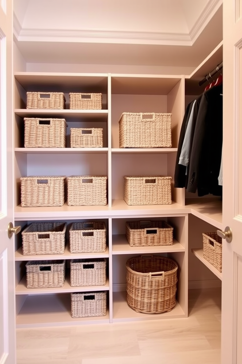 A stylish women's walk-in closet featuring elegant baskets for chic organization. The baskets are arranged neatly on open shelves, complementing the soft pastel color palette of the walls and flooring.