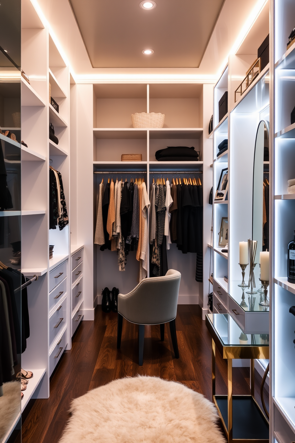 A luxurious women's walk-in closet featuring ample shelving and hanging space. Soft ambient lighting illuminates the space, creating a serene atmosphere for organizing and displaying clothing and accessories. Incorporate a plush area rug to add comfort underfoot and a full-length mirror to enhance functionality. A seating area with an elegant chair invites relaxation, while scented candles placed on a stylish vanity table provide a calming vibe.