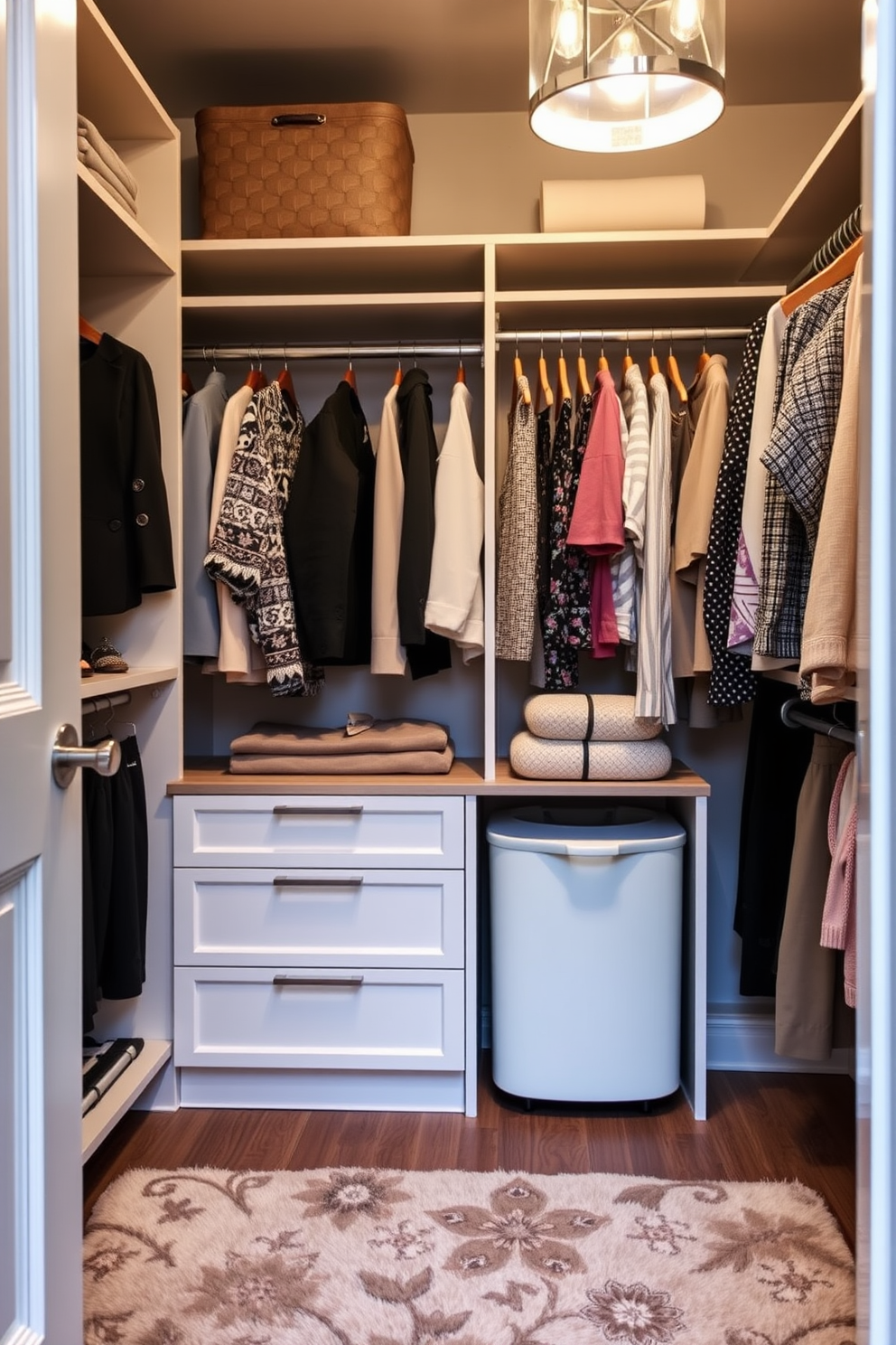 A stylish women's walk-in closet featuring an integrated laundry hamper for convenience. The space is adorned with elegant shelving, ample hanging space, and a plush area rug to enhance comfort.