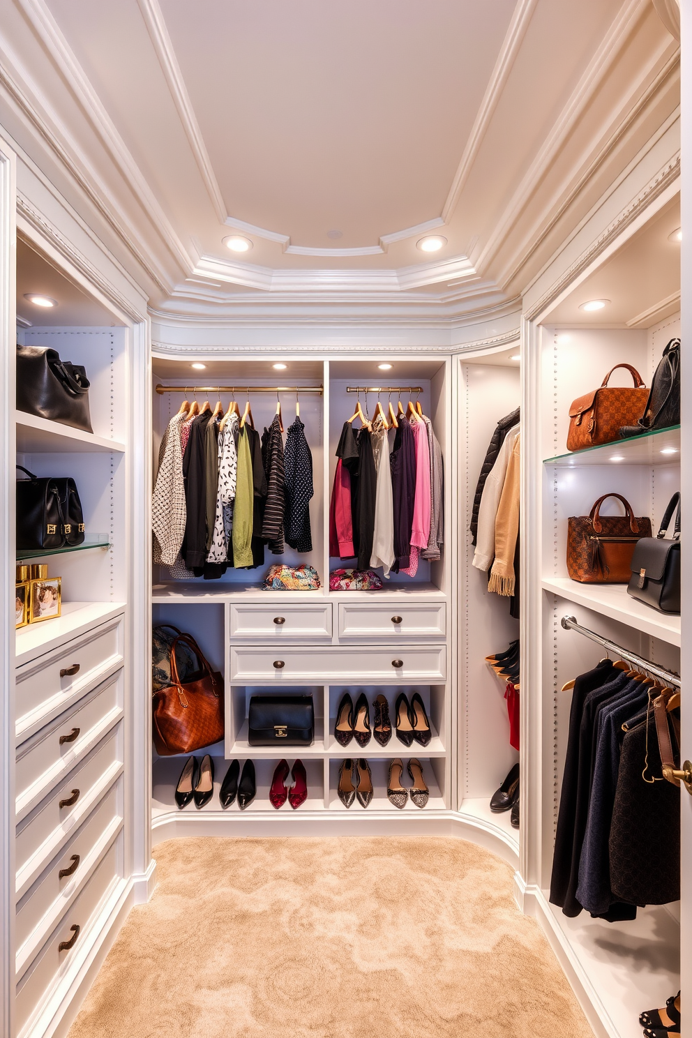 A luxurious women's walk-in closet featuring elegant crown molding along the ceiling. The space is filled with custom shelving and hanging areas, showcasing a mix of designer handbags and shoes in an organized yet stylish manner.