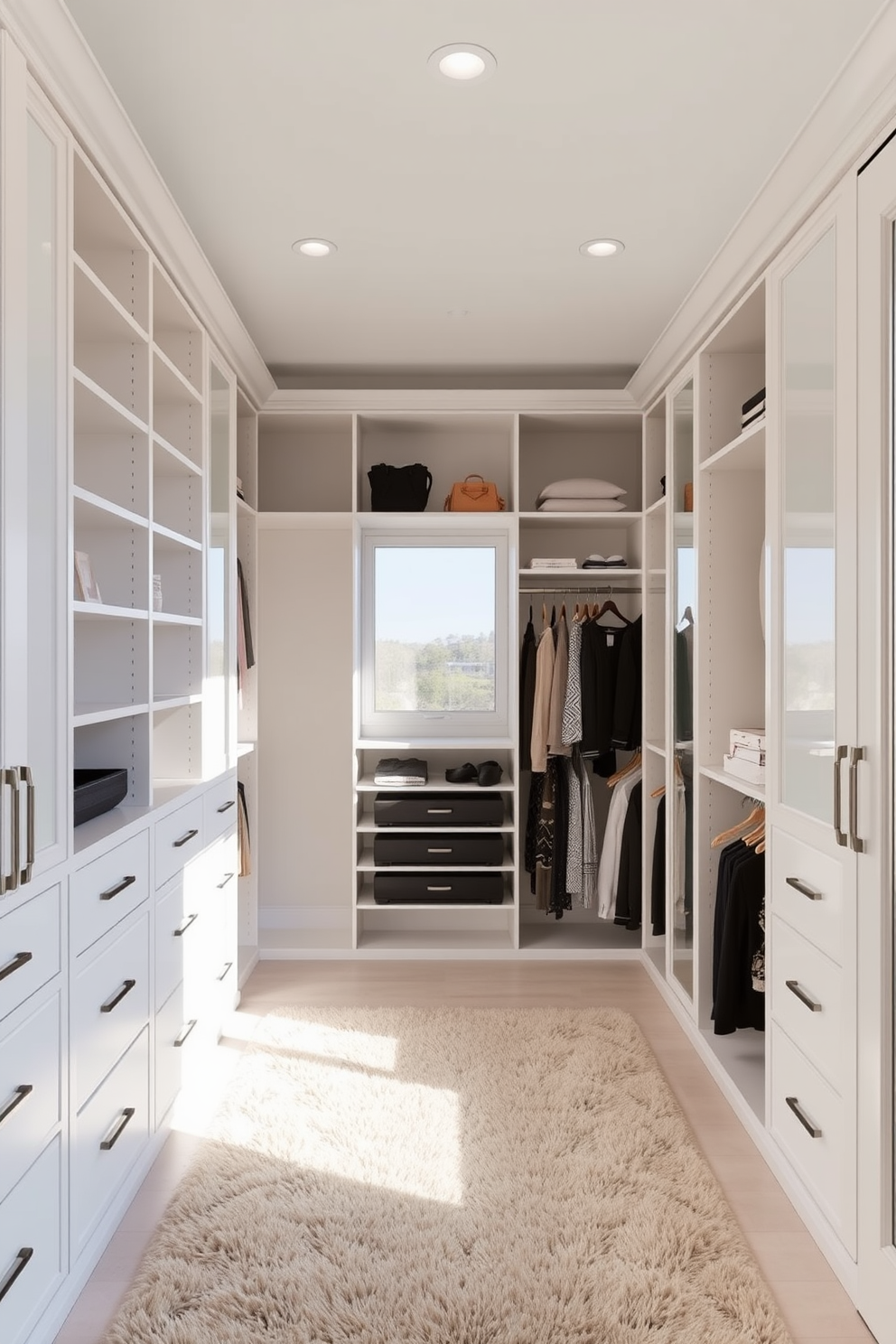 A luxurious women's walk-in closet bathed in natural light from large floor-to-ceiling windows. The space features custom-built shelving and hanging areas in a soft white finish, complemented by a plush area rug in a neutral tone.