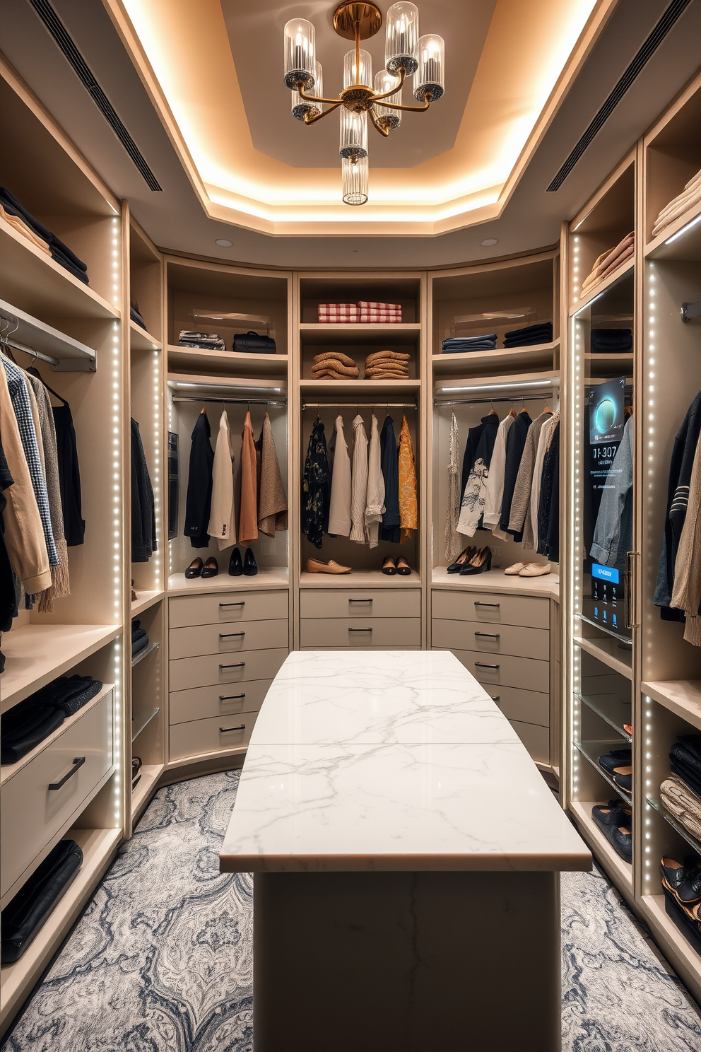 A luxurious women's walk-in closet features smart technology seamlessly integrated for modern convenience. Custom shelving and hanging space are organized with built-in lighting that adjusts based on the time of day. The closet includes a central island with a marble top, providing ample space for accessories and jewelry. Smart mirrors display the weather and outfit suggestions, enhancing the overall functionality of the space.