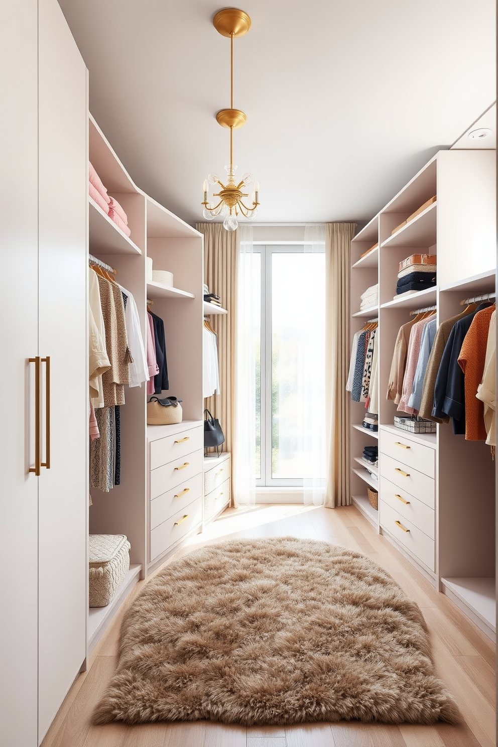 A spacious women's walk-in closet featuring foldable storage solutions for maximum flexibility. The closet includes adjustable shelving and a combination of hanging rods and drawers to accommodate various clothing items and accessories. Natural light floods the space through a large window, enhancing the soft pastel color palette. Elegant lighting fixtures and a plush area rug add a touch of luxury to the functional design.