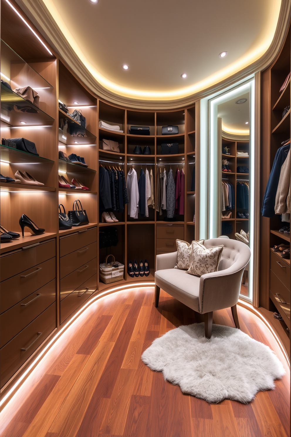 A luxurious women's walk-in closet features built-in shelving that provides organized storage for shoes, handbags, and accessories. The walls are lined with soft, ambient lighting that highlights the elegant finishes and creates a warm atmosphere. A plush seating area is included, adorned with decorative pillows, offering a stylish spot for relaxation. The flooring is a rich hardwood, enhancing the overall sophistication of the space while a large mirror reflects the beauty of the carefully curated wardrobe.