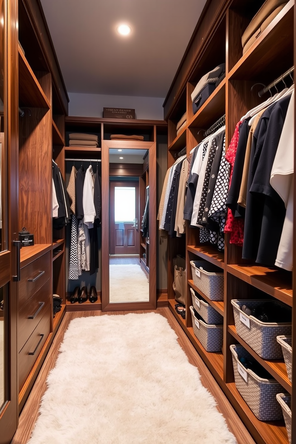 A women's walk-in closet designed for seasonal rotation features custom shelving and hanging rods that allow for easy organization. Soft lighting highlights the rich wood finishes and a plush area rug adds warmth to the space. The closet includes dedicated sections for summer and winter clothing, with labeled bins for accessories and shoes. A full-length mirror is strategically placed to enhance the sense of space and functionality.