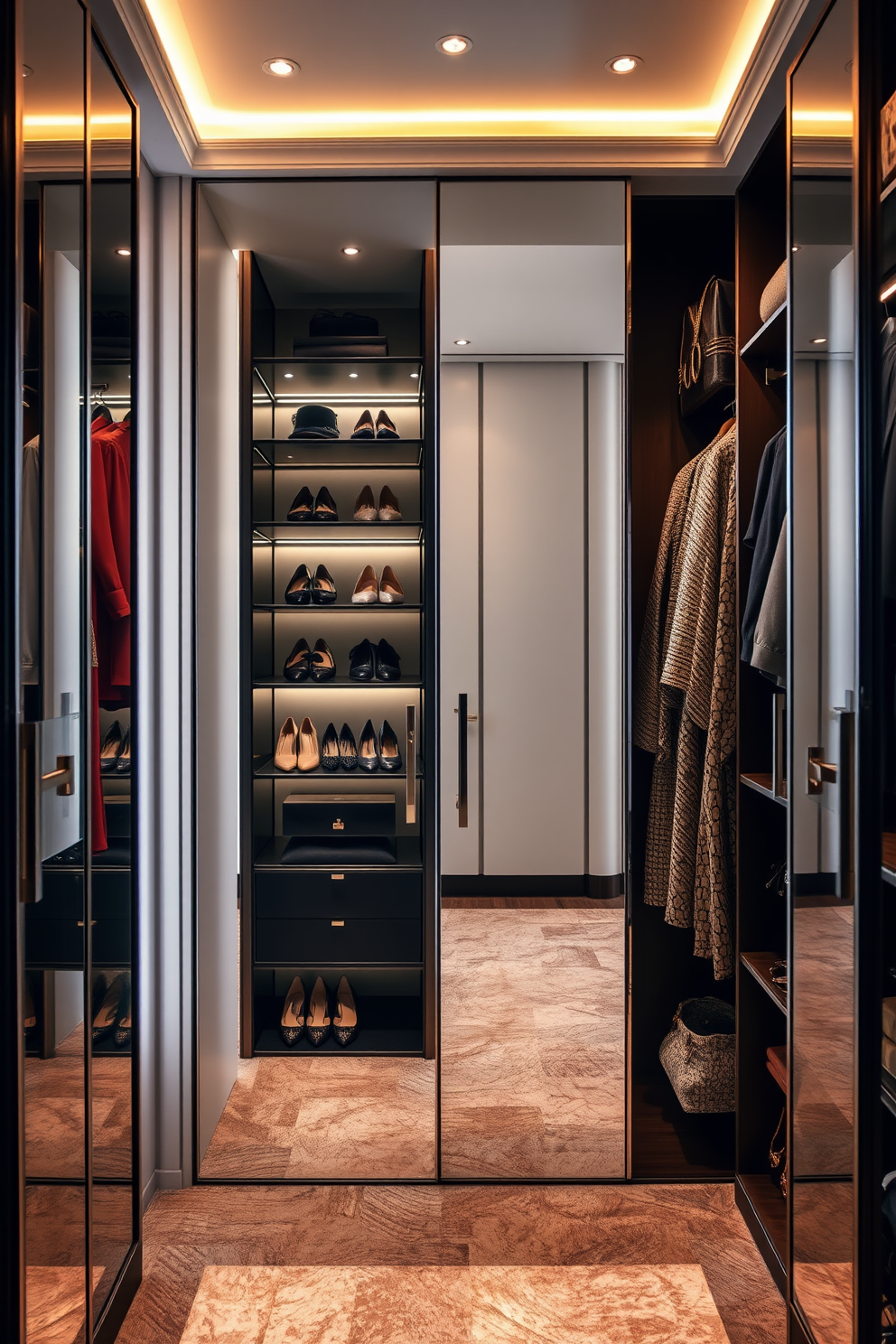 A luxurious women's walk-in closet featuring mirrored doors that enhance light reflection and create an illusion of spaciousness. The closet is adorned with elegant shelving for shoes and accessories, complemented by soft ambient lighting that highlights the rich textures of the fabrics.