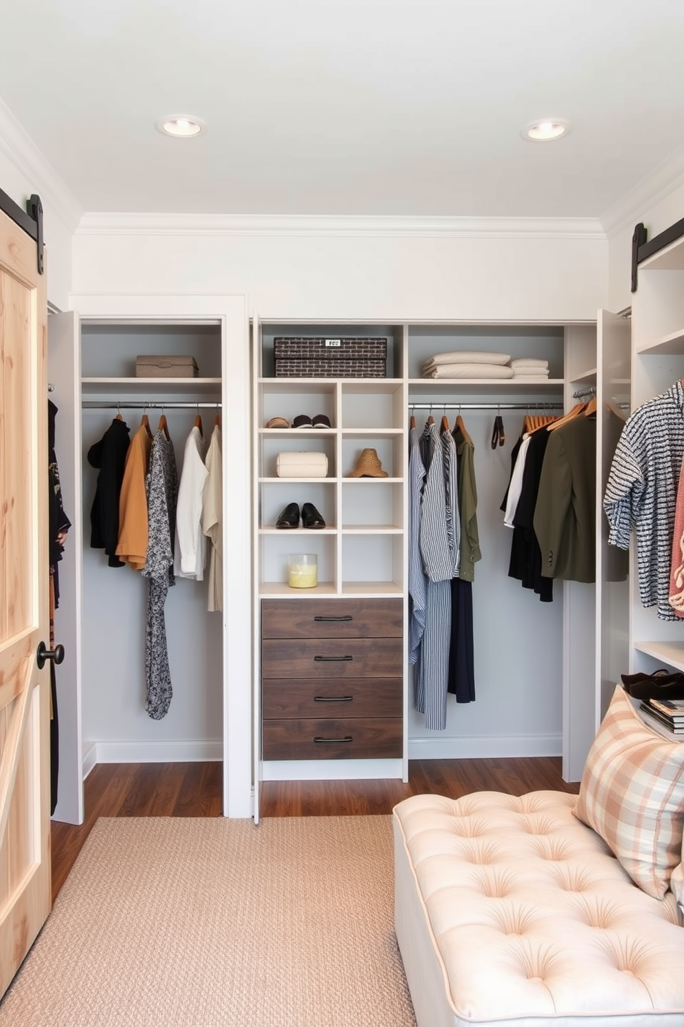 A spacious women's walk-in closet featuring sliding barn doors that add rustic charm. The interior is organized with open shelving, elegant hanging rods, and a plush ottoman for seating.