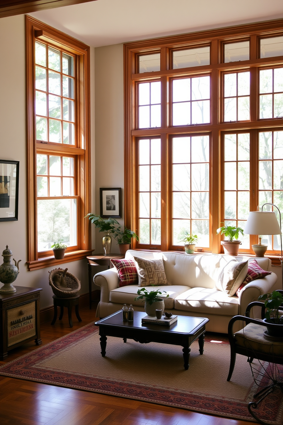 A cozy living room featuring wooden window frames that enhance the classic aesthetic. The space includes a plush sofa in neutral tones, complemented by a vintage coffee table and a warm area rug. Natural light floods the room through the large windows, creating an inviting atmosphere. Decorative elements such as framed artwork and potted plants add character to the space.