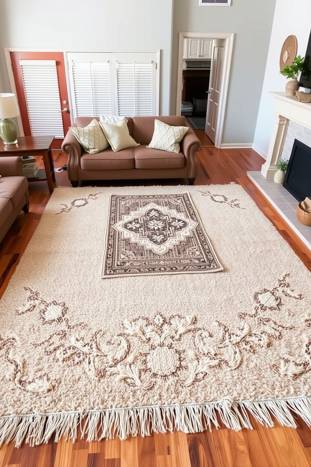 Layered rugs are artfully arranged over rich hardwood floors, creating a warm and inviting atmosphere. The combination of textures adds depth, while the natural wood tones enhance the overall aesthetic of the space. In this wood living room design, a plush area rug contrasts beautifully with a smaller decorative rug on top, defining the seating area. The surrounding furniture features earthy tones and organic materials, complementing the layered rugs and inviting relaxation.