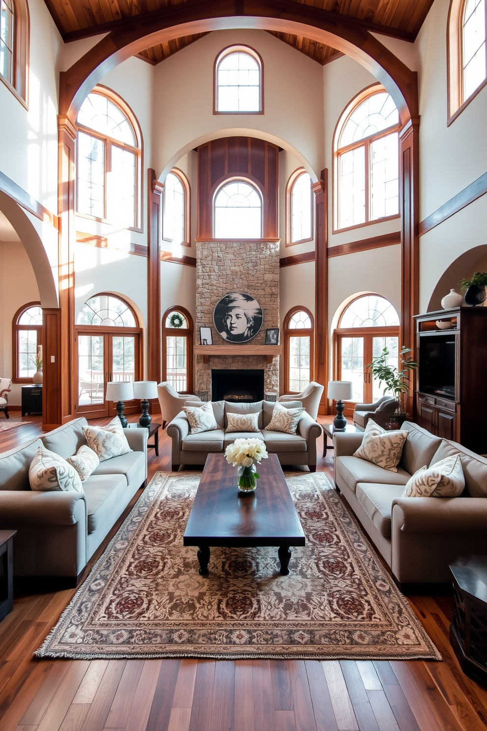 A spacious living room featuring elegant wooden archways that add architectural detail to the space. The room is adorned with plush sofas in neutral tones, complemented by a large wooden coffee table at the center. Natural light floods the area through large windows, enhancing the warm wooden accents throughout. A cozy area rug anchors the seating arrangement, and decorative pillows add a touch of color and comfort.