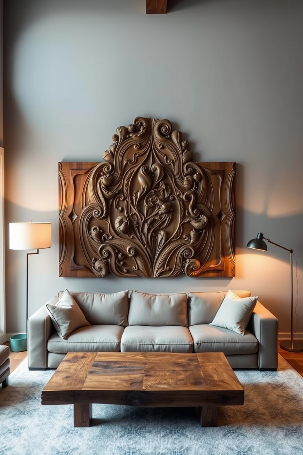 A cozy living room featuring wood wall art as a focal point. The walls are adorned with a large wooden panel that showcases intricate carvings, adding warmth and texture to the space. The furniture includes a plush sectional sofa in neutral tones, complemented by a reclaimed wood coffee table. Soft lighting from stylish floor lamps enhances the inviting atmosphere, creating a perfect spot for relaxation.