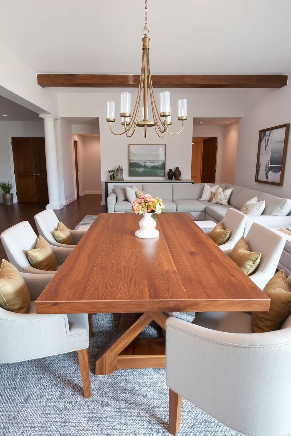 A spacious wooden dining table is elegantly set in the center of a bright open-concept room. Surrounding the table are plush upholstered chairs that complement the warm tones of the wood. The living room features a cozy arrangement with a large sectional sofa adorned with soft throw pillows. A stylish coffee table sits in front, surrounded by decorative accents that enhance the inviting atmosphere.