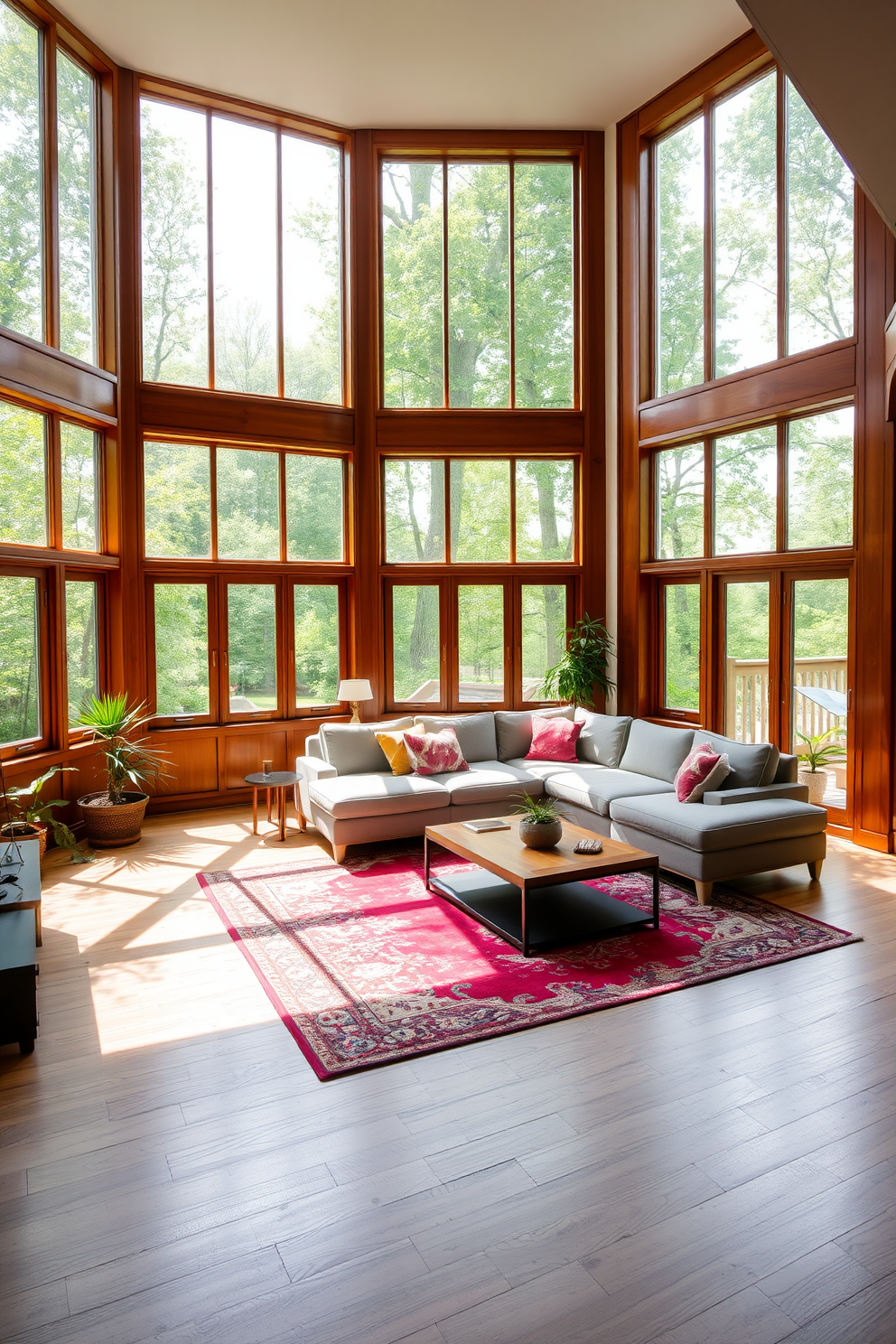 A spacious living room featuring large windows framed in rich wood, allowing natural light to flood the space. The room is adorned with a cozy sectional sofa and a stylish coffee table, creating an inviting atmosphere. The wooden frames enhance the warmth of the room, complementing the hardwood floors. A vibrant area rug adds a pop of color, while a few potted plants bring a touch of nature indoors.