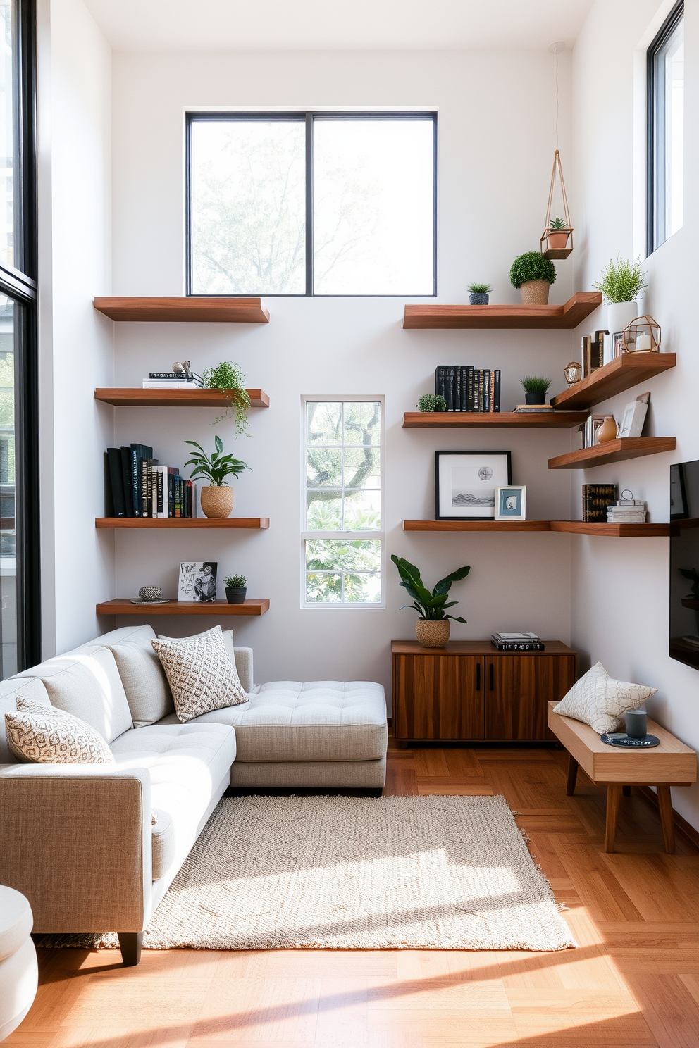 A warm and inviting living room features floating wood shelves elegantly mounted on the walls. The shelves are adorned with a curated selection of decorative books, plants, and art pieces, creating a personalized touch. The room is anchored by a plush sectional sofa in a neutral color, complemented by a textured area rug beneath. Large windows allow natural light to flood the space, enhancing the cozy atmosphere and highlighting the rich tones of the wood shelves.