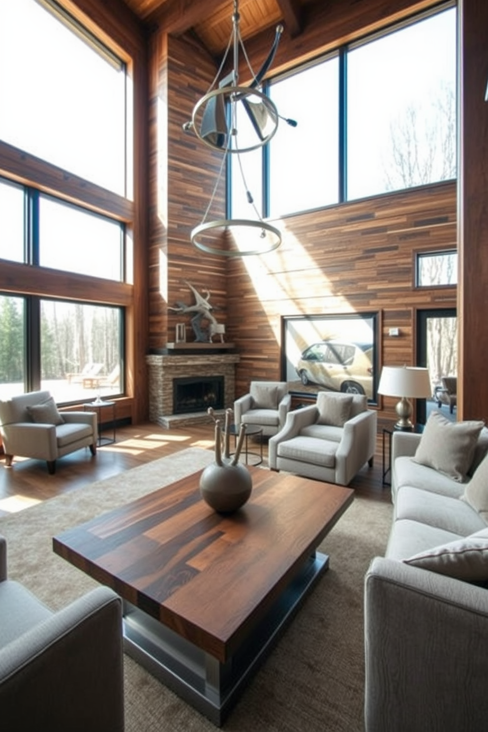 A warm and inviting living room featuring a combination of rich wooden beams and sleek metal accents. The space includes a large wooden coffee table with a brushed steel base, surrounded by plush sofas and accent chairs in neutral tones. Natural light pours in through expansive windows, highlighting the textured wooden wall paneling. A contemporary metal light fixture hangs above, creating a focal point while complementing the earthy tones of the room.